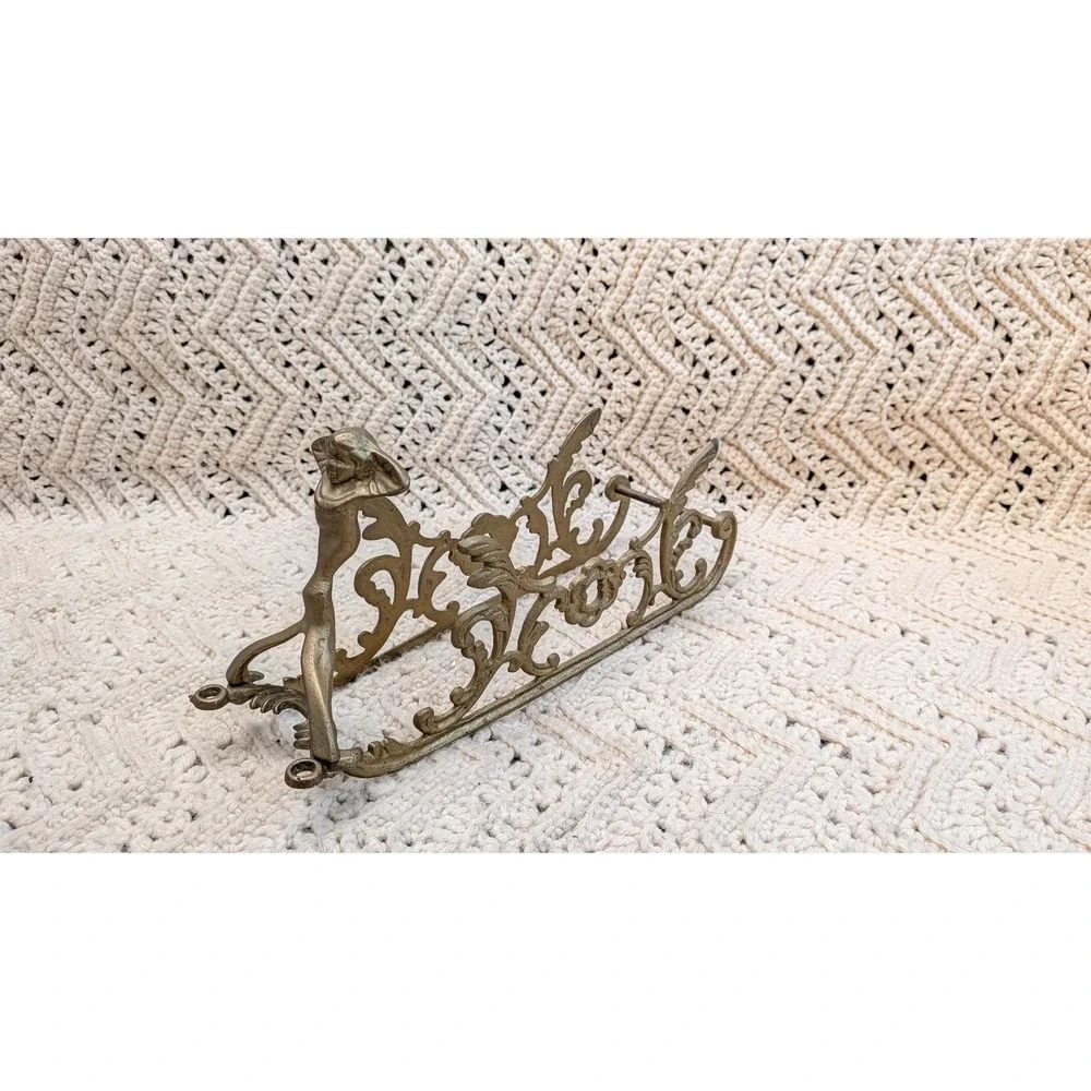 Vintage Brass Art Nouveau Wine Bottle Cradle Holder Lady Figure Floral Decor